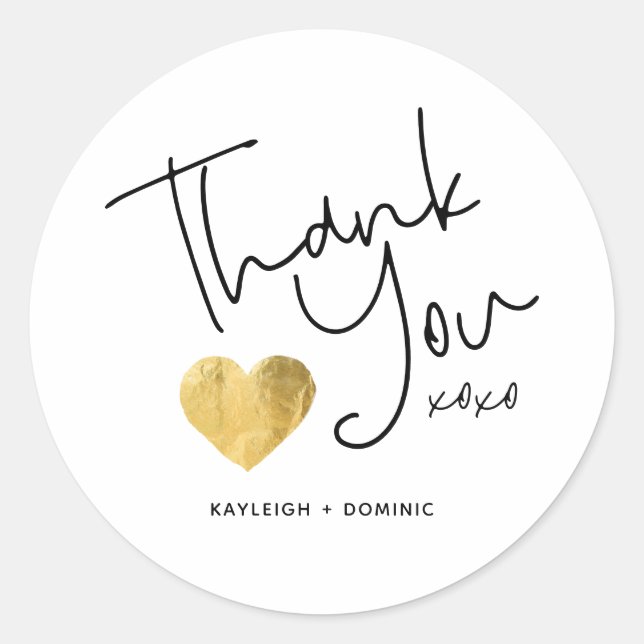 Simple Custom Thank You Gold Heart Script Classic Round Sticker (Front)