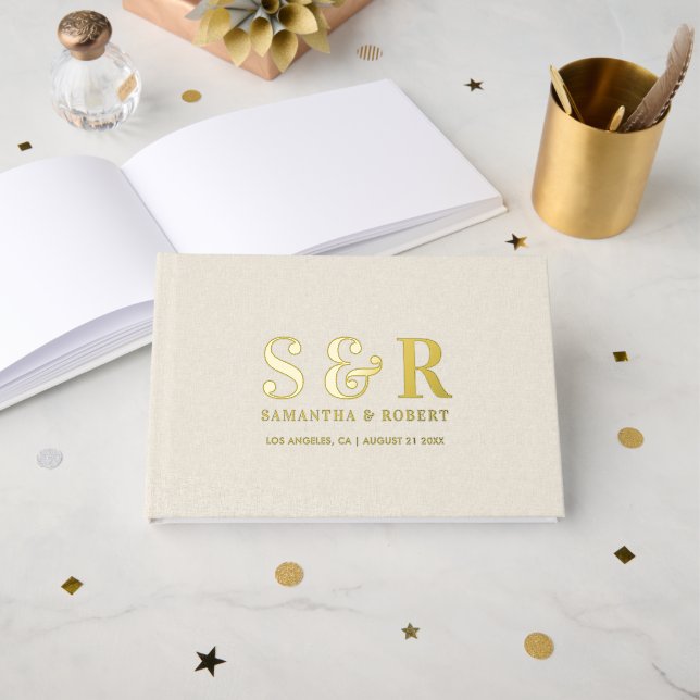 Simple Custom Typography Design Beige Linen Guest Book (Front Open)