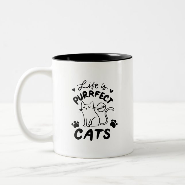 Simple Cute Adorable Life Is Purrpect With Cats Two-Tone Coffee Mug (Left)