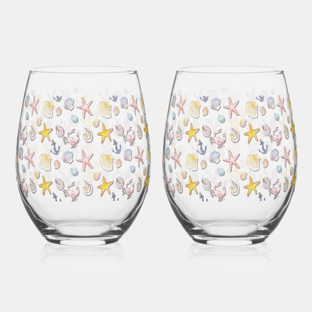 Simple Cute Beach Design  Stemless Wine Glass (Front)