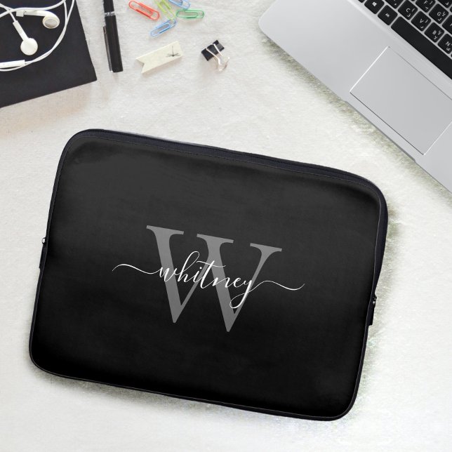 Simple Cute Black & White Monogram Name & Initial Laptop Sleeve (Creator Uploaded)