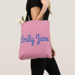 Simple Cute Blue and Pink Personalised Tote Bag<br><div class="desc">A cute modern simple design of your name in a fun typography style in cobalt blue on a millennial pink background.</div>