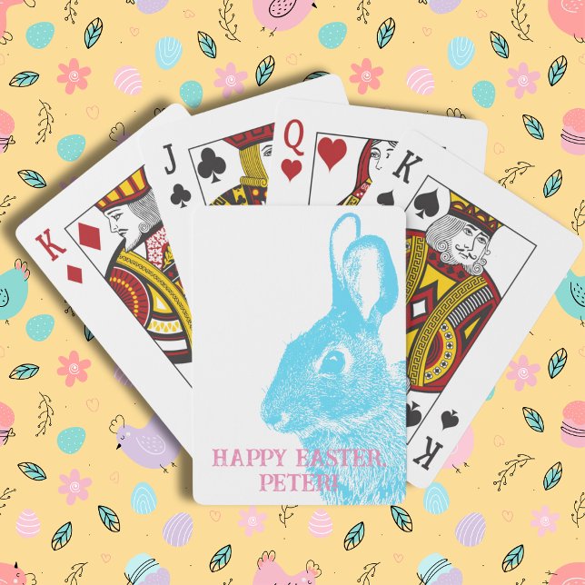 Simple Cute Blue Bunny Rabbit Easter Playing Cards (Cute Easter bunny playing cards with stamp like rabbit from a real photo. Customizable with name.
)