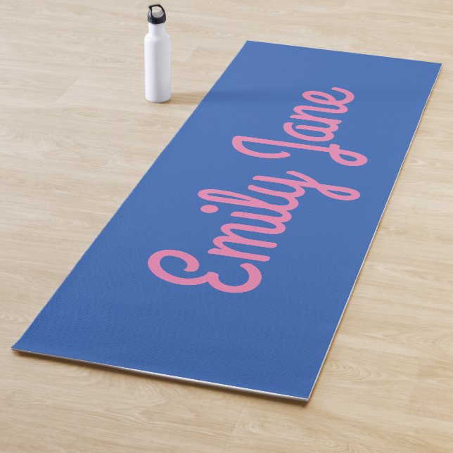 Simple Cute Blue Pink Script Personalised Name Yoga Mat (In Situ)