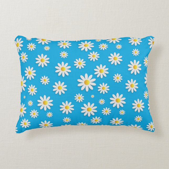 Simple Cute Blue with White Daisy Floral Pattern Decorative Cushion (Front)