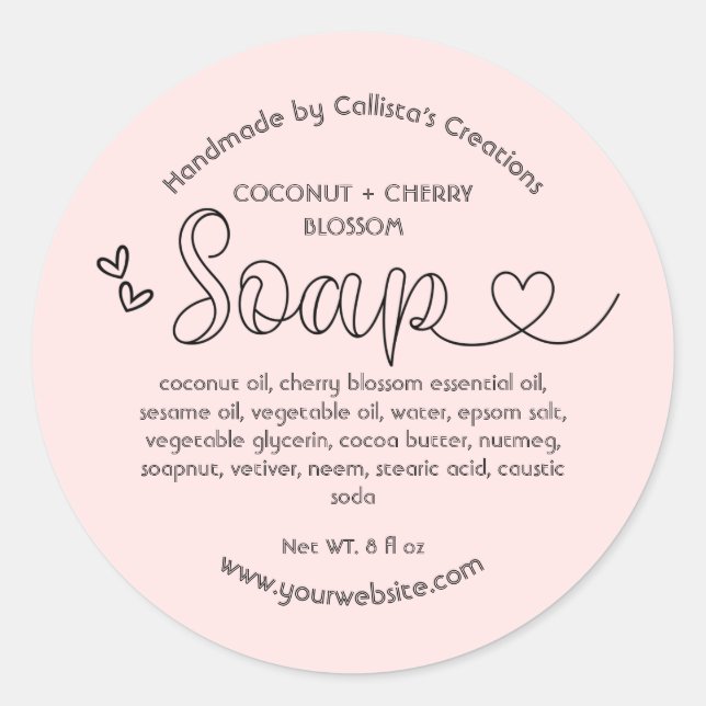 Simple Cute Blush Pink Black Hearts Handmade Soap Classic Round Sticker (Front)