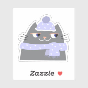 Simple Cute Cartoon Winter Cat with Cap and Scarf