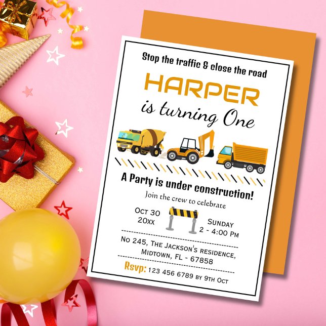Simple cute construction truck kids 1st birthday invitation (Creator Uploaded)