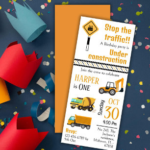 Simple  cute construction truck kids 1st birthday invitation