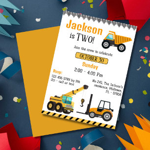 Simple cute construction truck kids 2nd birthday invitation