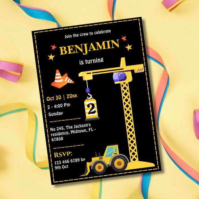 Simple cute construction truck kids 2nd birthday invitation (Creator Uploaded)