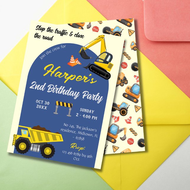 Simple cute construction truck kids 2nd birthday  invitation (Creator Uploaded)