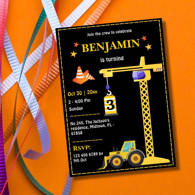 Simple cute construction truck kids 3rd birthday  invitation (Creator Uploaded)