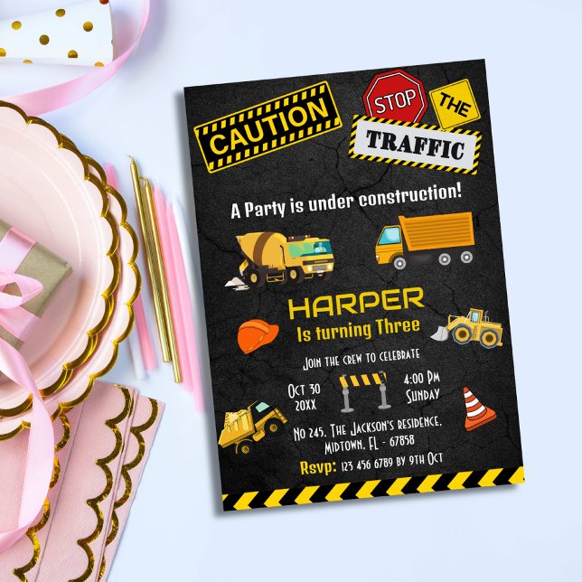 Simple cute construction truck kids 3rd birthday invitation (Creator Uploaded)