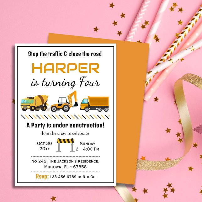 Simple cute construction truck kids 4th birthday  invitation (Creator Uploaded)