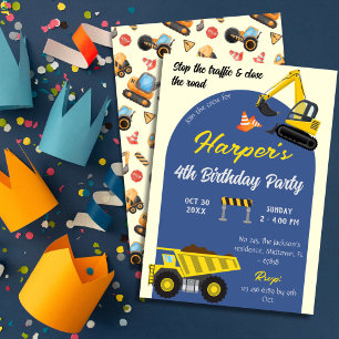 Simple cute construction truck kids 4th birthday  invitation