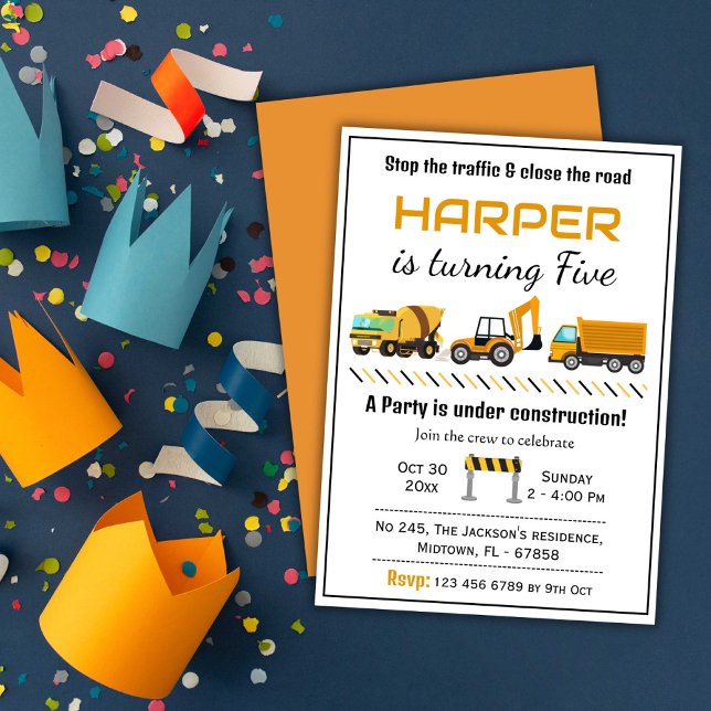 Simple cute construction truck kids 5th birthday  invitation (Creator Uploaded)