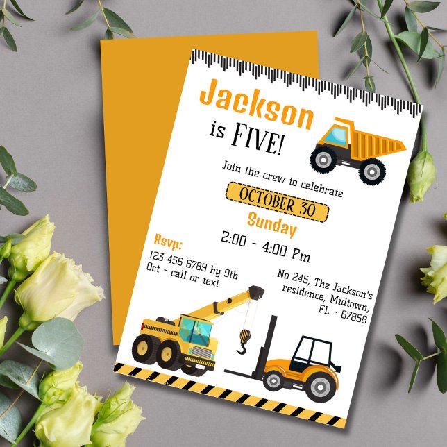 Simple cute construction truck kids 5th birthday  invitation (Creator Uploaded)