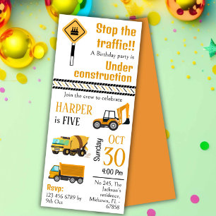 Simple  cute construction truck kids 5th birthday invitation
