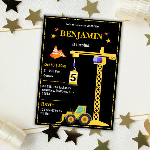 Simple cute construction truck kids 5th birthday invitation