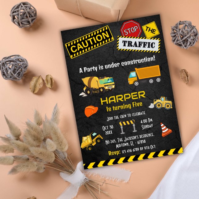 Simple cute construction truck kids 5th birthday invitation (Creator Uploaded)