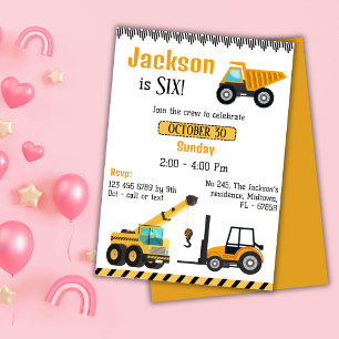 Simple cute construction truck kids 6th birthday  invitation