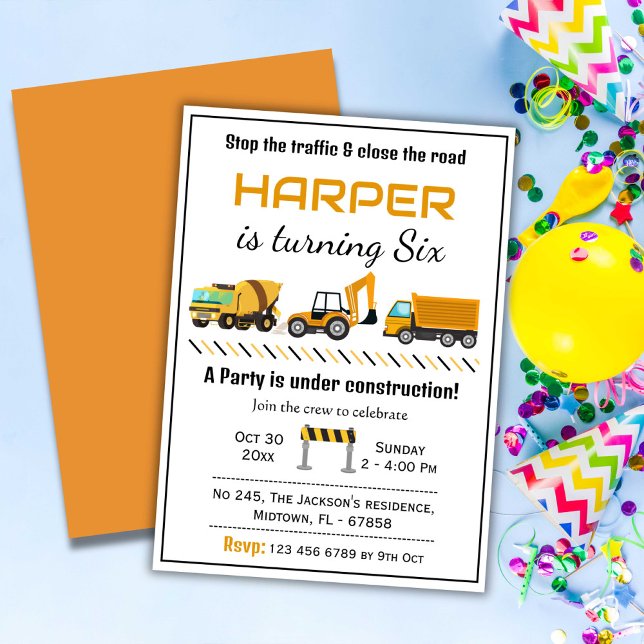 Simple cute construction truck kids 6th birthday  invitation (Creator Uploaded)