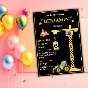 Simple cute construction truck kids 6th birthday invitation