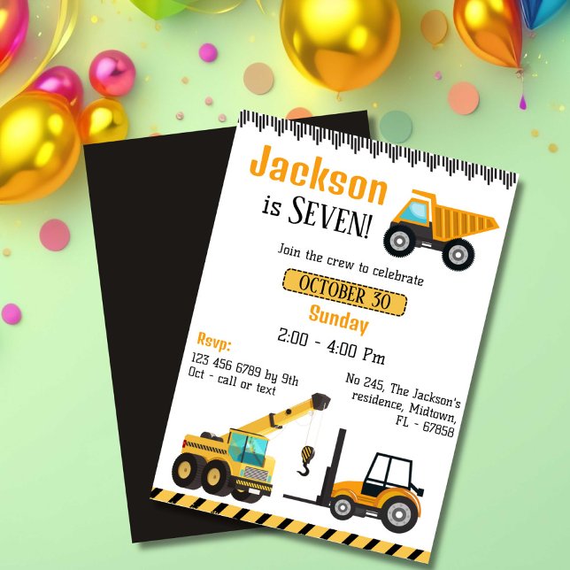 Simple cute construction truck kids 7th birthday  invitation (Creator Uploaded)