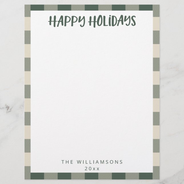 Simple Cute Custom Green Plaid Holiday Stationery  Custom Letterhead (Front)
