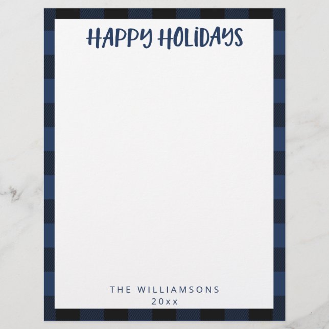 Simple Cute Custom Navy Plaid Holiday Stationery  Custom Letterhead (Front)