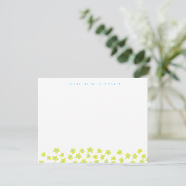 Simple Cute Ditsy Flowers Blue Yellow Personalised Card (Standing Front)