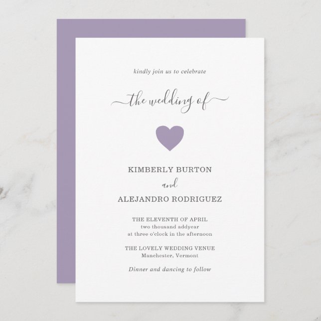 Simple Cute Dusty Purple Heart Modern Wedding Invitation (Front/Back)