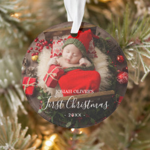 Simple Cute Elegant Photo Baby's First Christmas Ornament