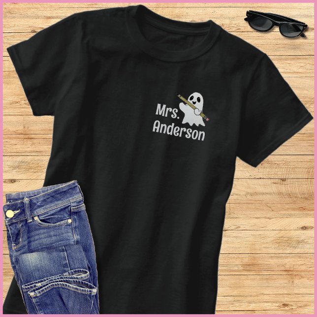 Simple Cute Ghost Teacher Name Pocket Print T-Shirt (Creator Uploaded)