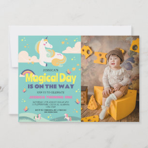 Simple Cute Girl Photo Unicorn First Birthday Baby Invitation