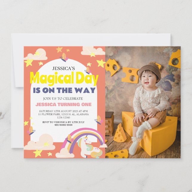 Simple Cute Girl Photo Unicorn First Birthday Baby Invitation (Front)