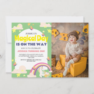 Simple Cute Girl Photo Unicorn First Birthday Baby Invitation