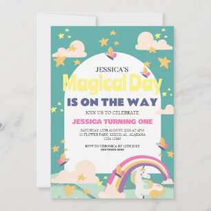 Simple Cute Girl Photo Unicorn First Birthday Baby Invitation
