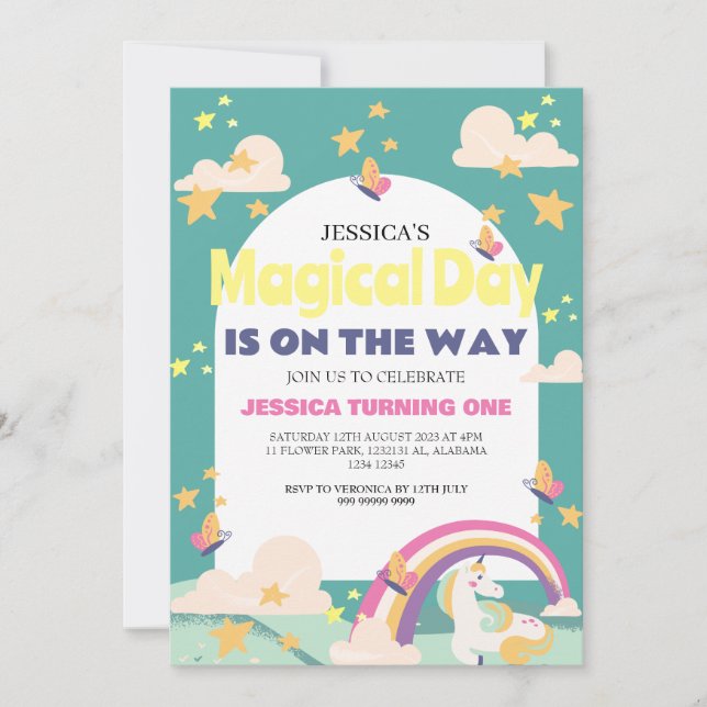 Simple Cute Girl Photo Unicorn First Birthday Baby Invitation (Front)