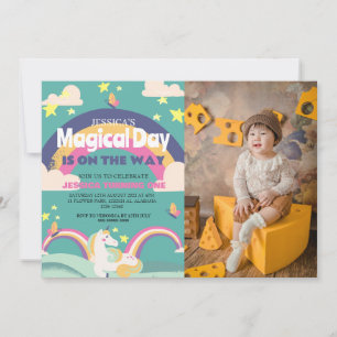 Simple Cute Girl Photo Unicorn First Birthday Baby Invitation