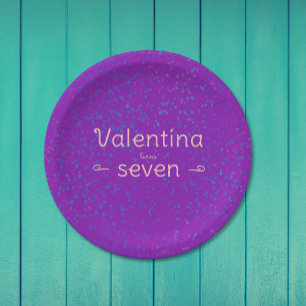 Simple Cute Girly Purple Pink Confetti Name Paper Plate