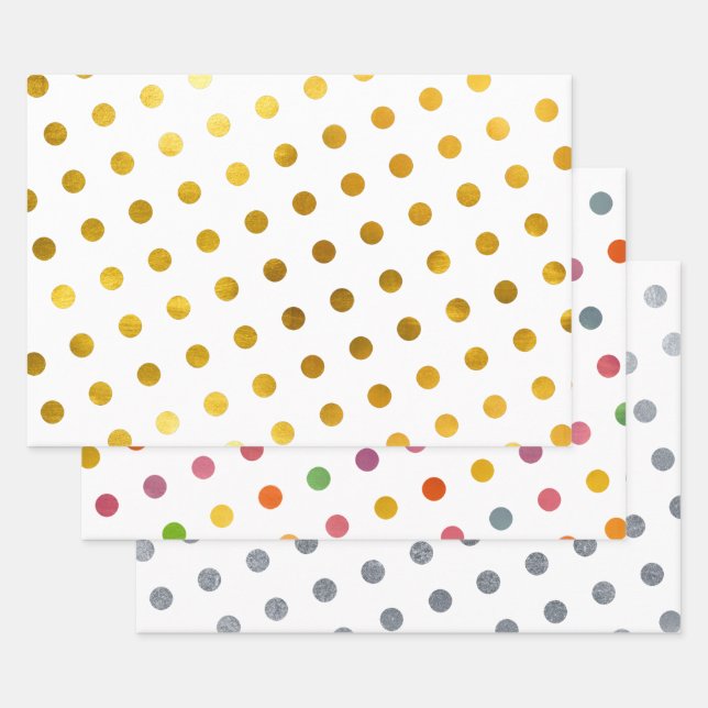    Simple Cute Girly White Multicolored Polka Dots Wrapping Paper Sheet (Set)