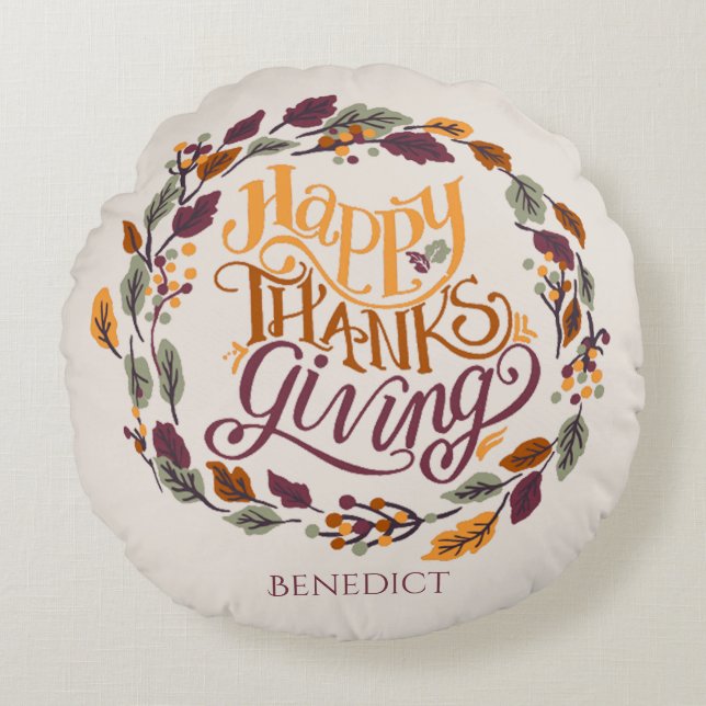  Simple Cute Happy Thanksgiving Pumpkin Fall Round Cushion (Front)