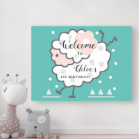 Simple Cute Jumping Lamb 1st Birthday Cyan Welcome