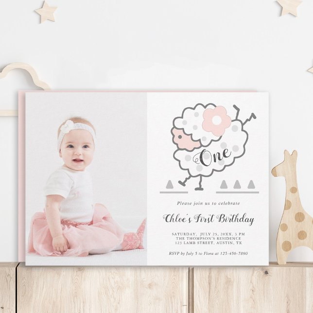 Simple Cute Jumping Lamb 1st Birthday Photo Invitation (Creator Uploaded)