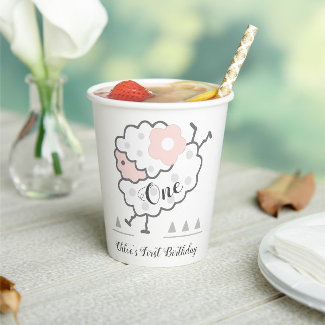 Simple Cute Jumping Lamb 1st Birthday Pink & White Paper Cups (Insitu)