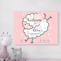 Simple Cute Jumping Lamb 1st Birthday Welcome Pink