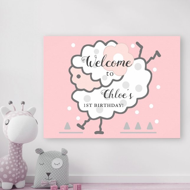 Simple Cute Jumping Lamb 1st Birthday Welcome Pink Poster (Creator Uploaded)