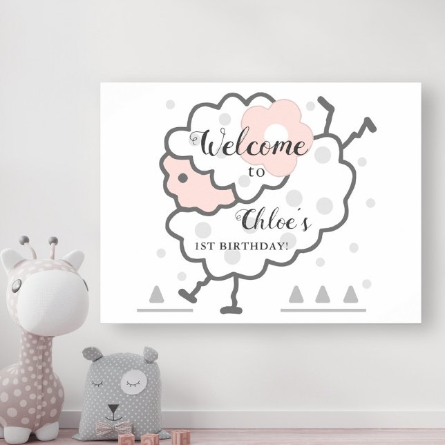 Simple Cute Jumping Lamb 1st Birthday Welcome Sign (Creator Uploaded)